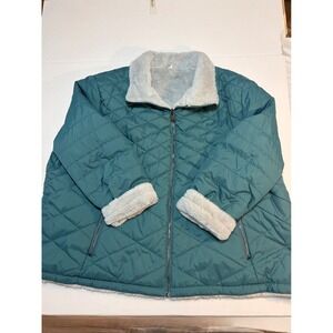 Free Country Quilted 4X Puffer Jacket Faux Fur Lined Teal Cozy Winter